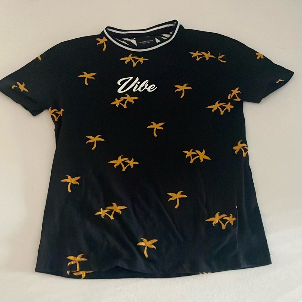 Demnim and Flawer by Ricky Singh navy shirt with yellow and white accents “vibe”